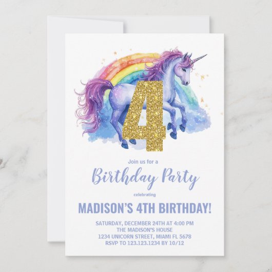 4e Rainbow Unicorn Verjaardag Uitnodigingen (Voorkant)
