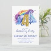 4e Rainbow Unicorn Verjaardag Uitnodigingen (Staand voorkant)
