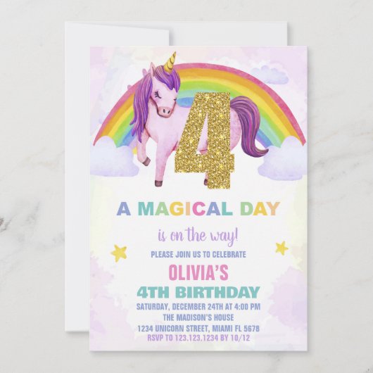 4e Rainbow Unicorn Verjaardag Uitnodigingen Cloud (Voorkant)