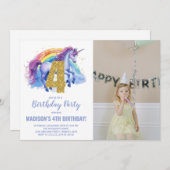 4e Rainbow Unicorn Verjaardag Uitnodigingen foto (Voorkant / Achterkant)