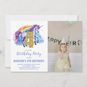 4e Rainbow Unicorn Verjaardag Uitnodigingen foto