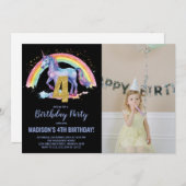 4e Rainbow Unicorn Verjaardag Uitnodigingen foto (Voorkant / Achterkant)