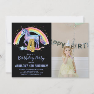 4e Rainbow Unicorn Verjaardag Uitnodigingen foto