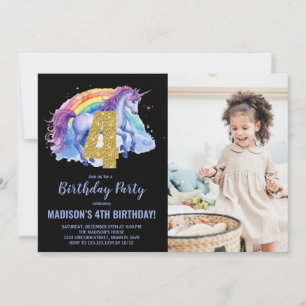 4e Rainbow Unicorn Verjaardag Uitnodigingen foto