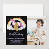 4e Rainbow Unicorn Verjaardag Uitnodigingen foto (Voorkant / Achterkant)