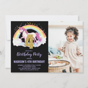 4e Rainbow Unicorn Verjaardag Uitnodigingen foto
