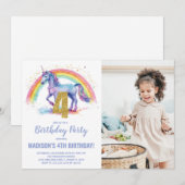 4e Rainbow Unicorn Verjaardag Uitnodigingen foto (Voorkant / Achterkant)