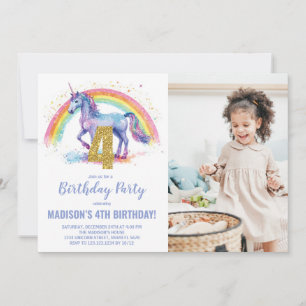 4e Rainbow Unicorn Verjaardag Uitnodigingen foto