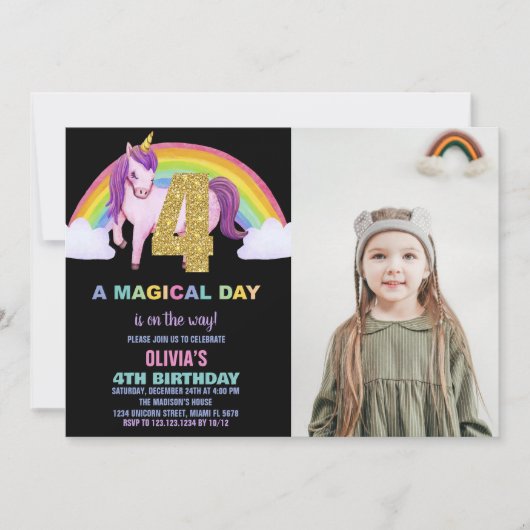 4e Rainbow Unicorn Verjaardag Uitnodigingen foto (Voorkant)