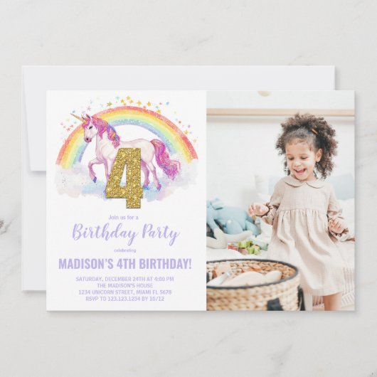 4e Rainbow Unicorn Verjaardag Uitnodigingen foto (Voorkant)