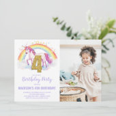 4e Rainbow Unicorn Verjaardag Uitnodigingen foto (Staand voorkant)