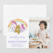 4e Rainbow Unicorn Verjaardag Uitnodigingen foto (Voorkant / Achterkant)