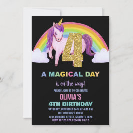 4e Rainbow Unicorn Verjaardag Uitnodigingen Glitte