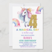 4e Rainbow Unicorn Verjaardag Uitnodigingen Glitte (Voorkant)