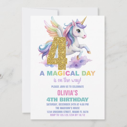 4e Rainbow Unicorn Verjaardag Uitnodigingen Vliege (Voorkant)