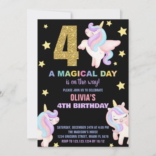 4e Rainbow Unicorn Verjaardag Uitnodigingen Vliege (Voorkant)
