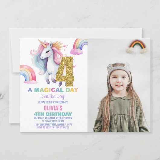 4e Rainbow Unicorn Verjaardag Uitnodigingen w foto (Voorkant)
