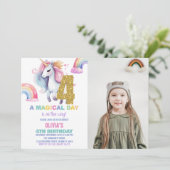 4e Rainbow Unicorn Verjaardag Uitnodigingen w foto (Staand voorkant)