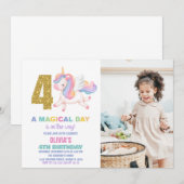 4e Rainbow Unicorn Verjaardag Uitnodigingen w foto (Voorkant / Achterkant)