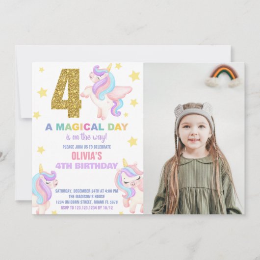 4e Rainbow Unicorn Verjaardag Uitnodigingen w foto (Voorkant)