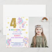 4e Rainbow Unicorn Verjaardag Uitnodigingen w foto (Voorkant / Achterkant)