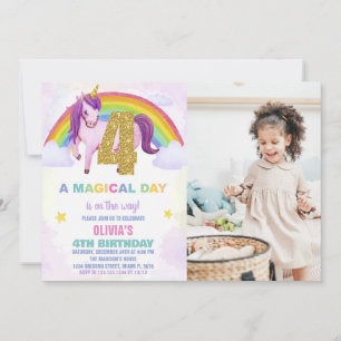 4e Rainbow Unicorn Verjaardag Uitnodigingen w foto
