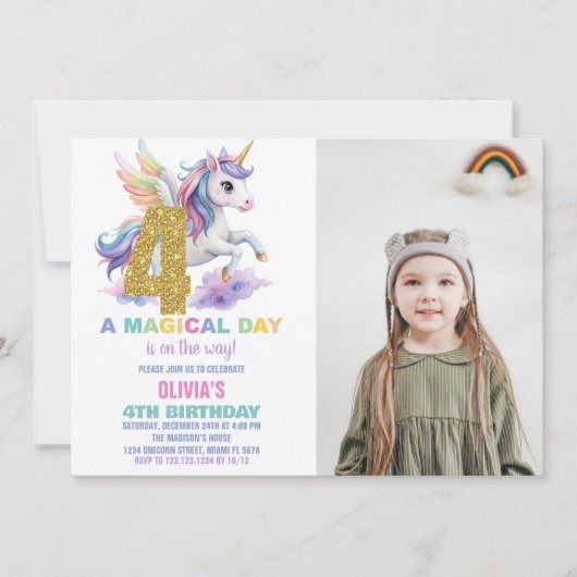4e Rainbow Unicorn Verjaardag Uitnodigingen w foto (Voorkant)