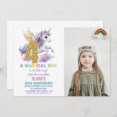 4e Rainbow Unicorn Verjaardag Uitnodigingen w foto (Voorkant / Achterkant)