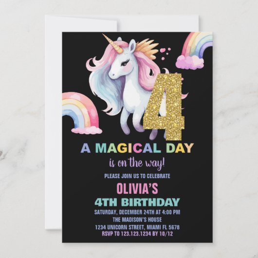 4e Rainbow Unicorn Verjaardag Uitnodigingen Waterc (Voorkant)