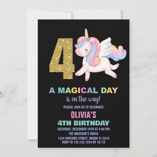 4e Rainbow Unicorn Verjaardag Uitnodigingen Zwart (Voorkant)