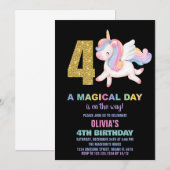 4e Rainbow Unicorn Verjaardag Uitnodigingen Zwart (Voorkant / Achterkant)