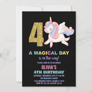 4e Rainbow Unicorn Verjaardag Uitnodigingen Zwart