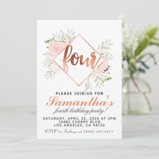 4e Roos Gold Birthday Uitnodiging (Staand voorkant)