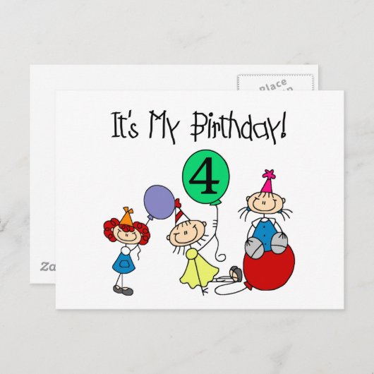 4e Stick Kinder Partij Verjaardag Tshirts en gesch Uitnodiging Briefkaart (Voorkant / Achterkant)