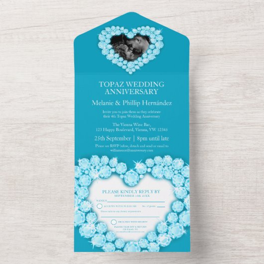 4e topazen huwelijksjubileum foto blauw all in one uitnodiging (Binnen)