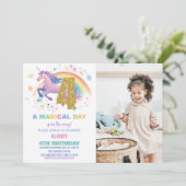 4e Unicorn Verjaardag Uitnodigingen met foto (Staand voorkant)