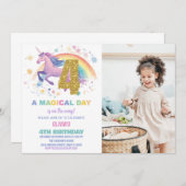 4e Unicorn Verjaardag Uitnodigingen met foto (Voorkant / Achterkant)