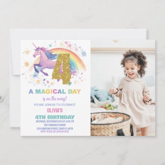 4e Unicorn Verjaardag Uitnodigingen met foto