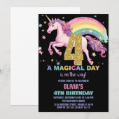 4e Unicorn Verjaardag Uitnodigingen Zwart (Voorkant / Achterkant)