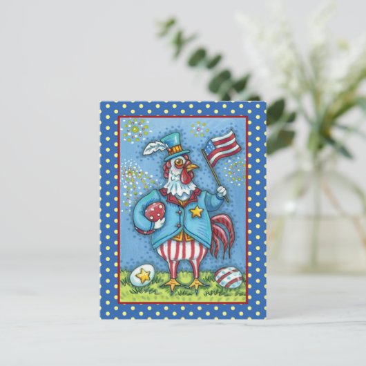 4E VAN JULY ROOSTER, FUNNY PATRIOTIC CHICKEN FEESTDAGENKAART (Staand voorkant)