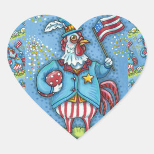 4E VAN JULY ROOSTER, FUNNY PATRIOTIC CHICKEN HART STICKER