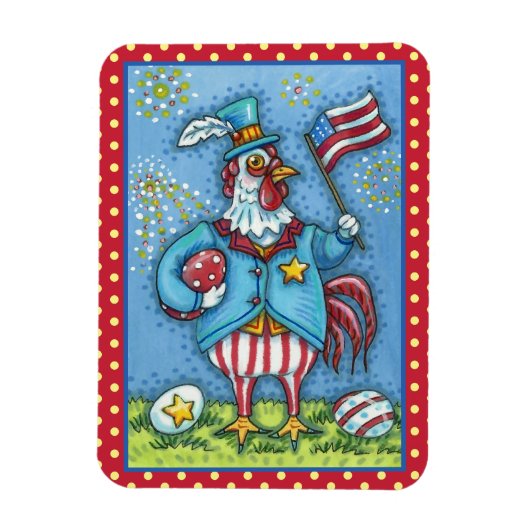 4E VAN JULY ROOSTER, FUNNY PATRIOTIC CHICKEN MAGNEET (Verticaal)