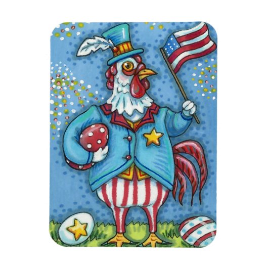 4E VAN JULY ROOSTER, FUNNY PATRIOTIC CHICKEN MAGNEET (Verticaal)