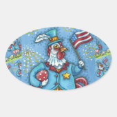 4E VAN JULY ROOSTER, FUNNY PATRIOTIC CHICKEN OVALE STICKER (Voorkant)