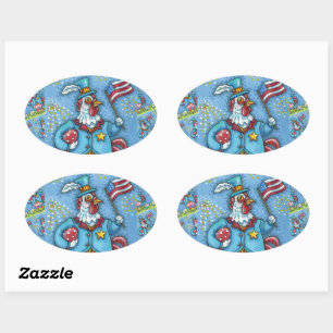4E VAN JULY ROOSTER, FUNNY PATRIOTIC CHICKEN OVALE STICKER