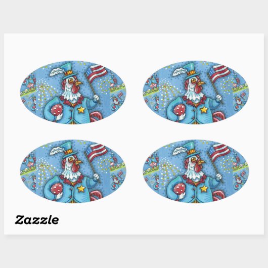4E VAN JULY ROOSTER, FUNNY PATRIOTIC CHICKEN OVALE STICKER (Vel)