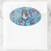 4E VAN JULY ROOSTER, FUNNY PATRIOTIC CHICKEN OVALE STICKER (Tas)