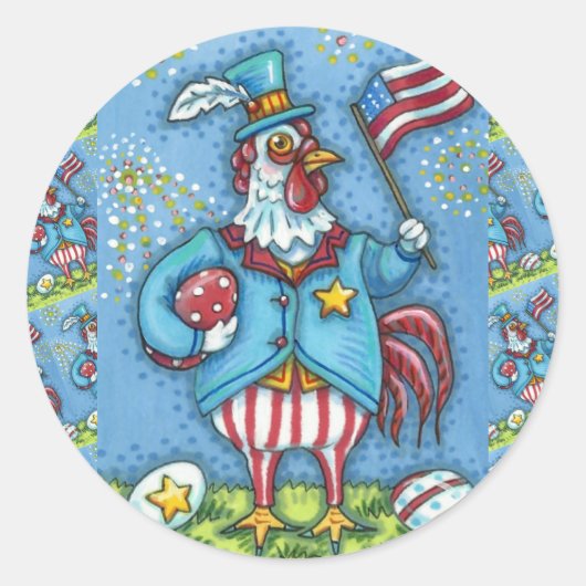 4E VAN JULY ROOSTER, FUNNY PATRIOTIC CHICKEN RONDE STICKER (Voorkant)