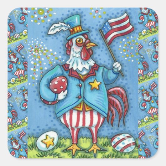 4E VAN JULY ROOSTER, FUNNY PATRIOTIC CHICKEN VIERKANTE STICKER (Voorkant)