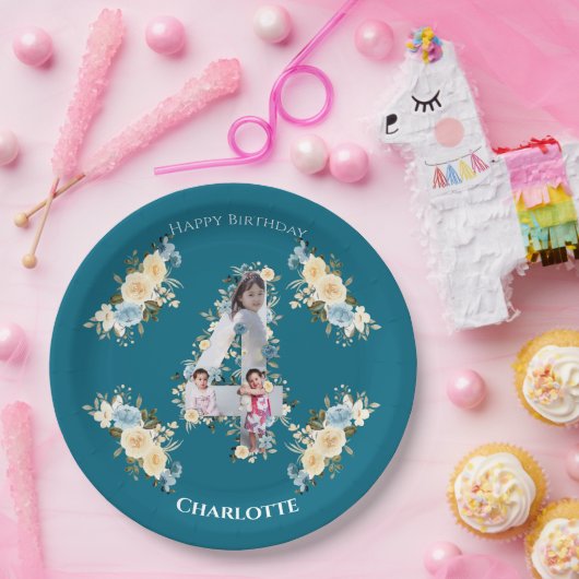 4e verjaardag Blauwgroen foto Collage Blue Yellow  Papieren Bordje (Feest)